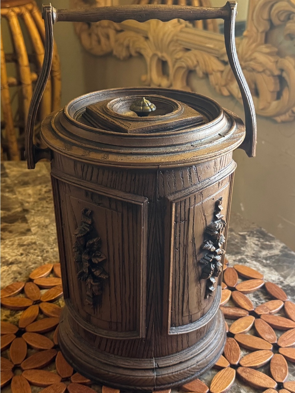 Vintage Insulated Faux Bois Floral Ice Bucket 3 Qt MCM Barware Rustic